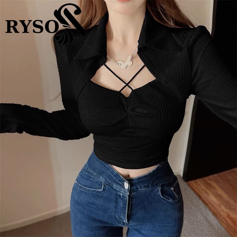 Áo kiểu tay dài cổ kiểu bẻ RYSO FASHION dáng ôm body gợi cảm chất co giản dày dặn