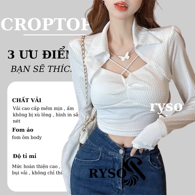 Áo kiểu tay dài cổ kiểu bẻ RYSO FASHION dáng ôm body gợi cảm chất co giản dày dặn