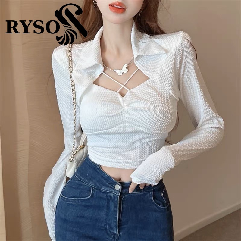 Áo kiểu tay dài cổ kiểu bẻ RYSO FASHION dáng ôm body gợi cảm chất co giản dày dặn