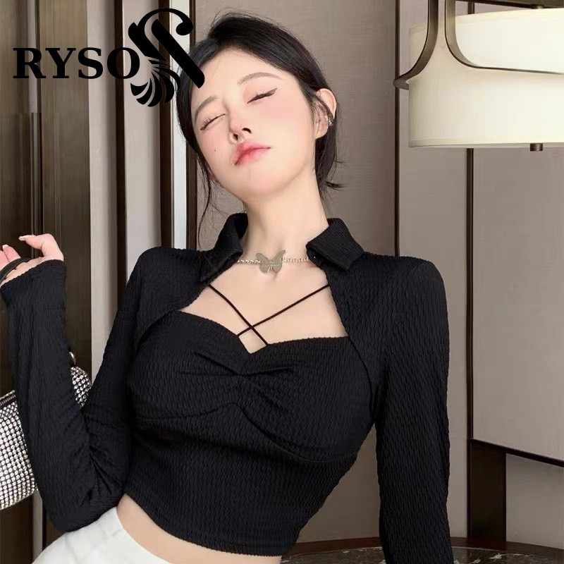 Áo kiểu tay dài cổ kiểu bẻ RYSO FASHION dáng ôm body gợi cảm chất co giản dày dặn