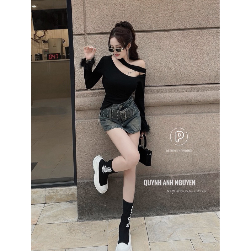 Áo lệch vai tay lông xinh xỉu