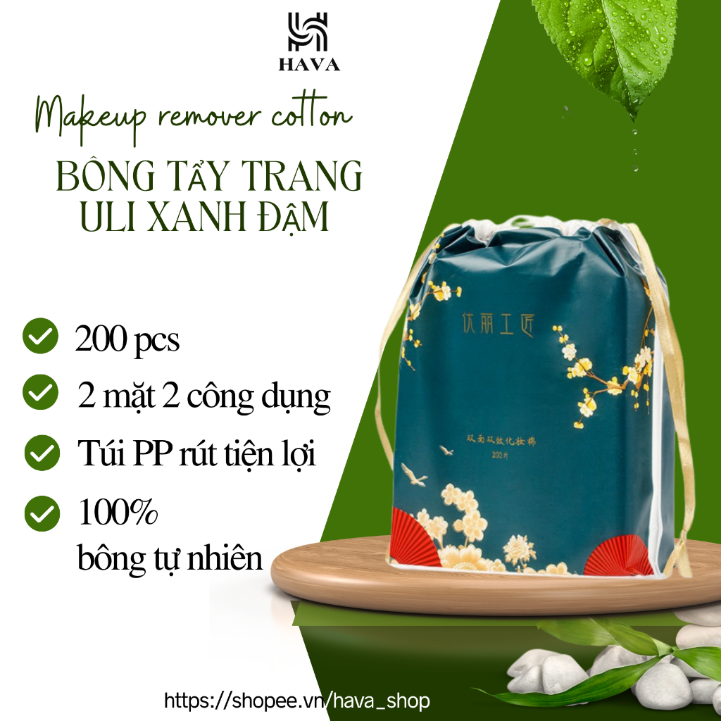 Bông tẩy trang ULI cotton 3 lớp túi dây rút 200 miếng cao cấp nội địa trung HAVA SHOP