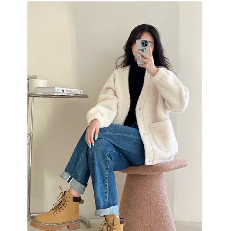 Áo Choàng " Vải Lông dầy Siêu Ấm " kiểu nút gài "2 Túi To "