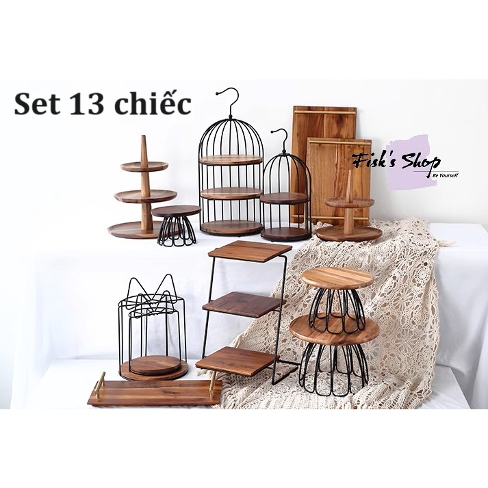 Khay đựng bánh sinh nhật, điểm tâm set gỗ keo