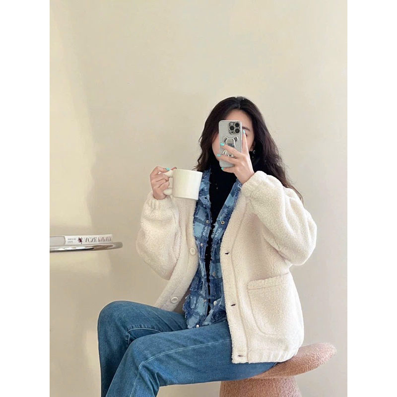 Áo Choàng " Vải Lông dầy Siêu Ấm " kiểu nút gài "2 Túi To "