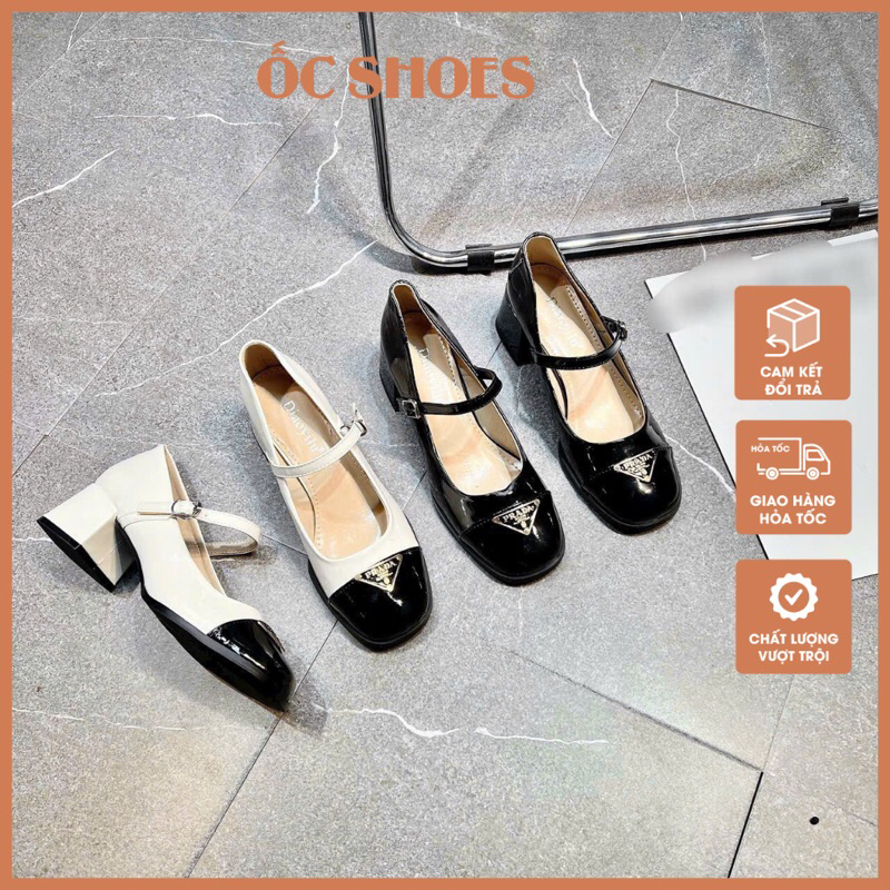 Giày mũi vuông bóng parada vá mũi 2 màu, giày bít gót gót vuông 3cm mã EC292