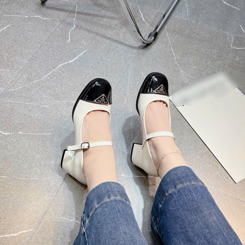 Giày mũi vuông bóng parada vá mũi 2 màu, giày bít gót gót vuông 3cm mã EC292