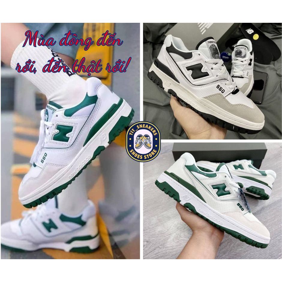 Giày New Balance 550 White Black Và White Green, Giày NB550 Trắng Đen, Trắng Xanh Cổ Thấp Đủ Size Nam Nữ Full Box Bill