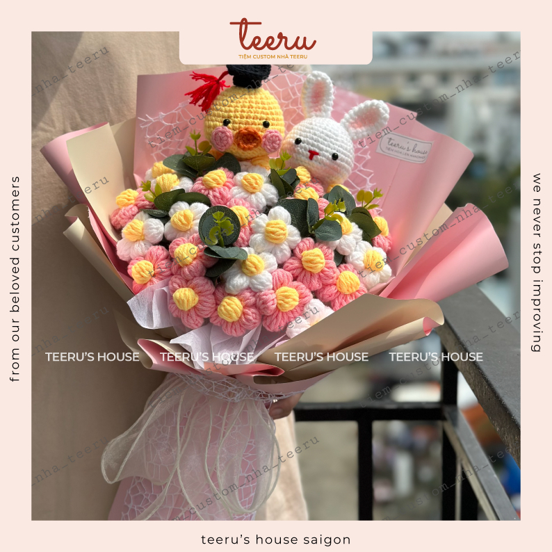 Hoa Len lưu ly, bó hoa len 5 CÁNH tặng tốt nghiệp, người yêu handmade  - Crochet Teeru's House