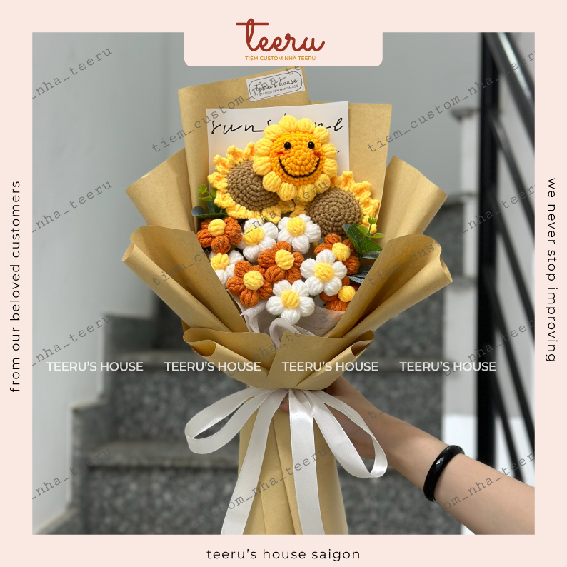 Hoa Len Hướng dương mặt cười, móc bông hoa hướng dương mặt trời bằng len handmade - Crochet Teeru's House