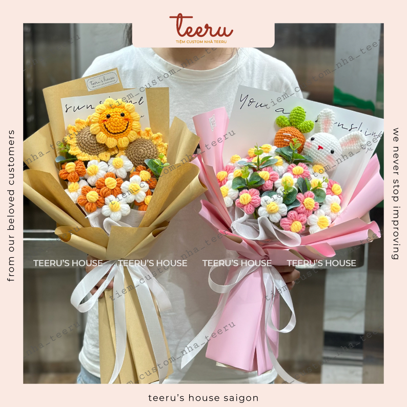 Hoa Len Hướng dương mặt cười, móc bông hoa hướng dương mặt trời bằng len handmade - Crochet Teeru's House