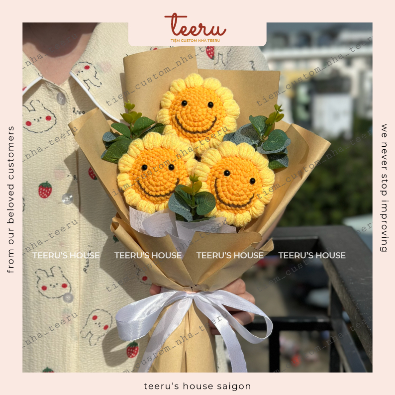 Hoa Len Hướng dương mặt cười, móc bông hoa hướng dương mặt trời bằng len handmade - Crochet Teeru's House