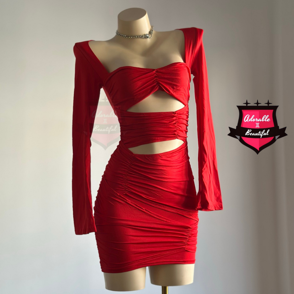 Đầm Body Thun Tay Dài 2 Lớp Cut Out, Váy Ôm Cổ Vuông Co Giãn Sexy Dự Tiệc Sang Trọng