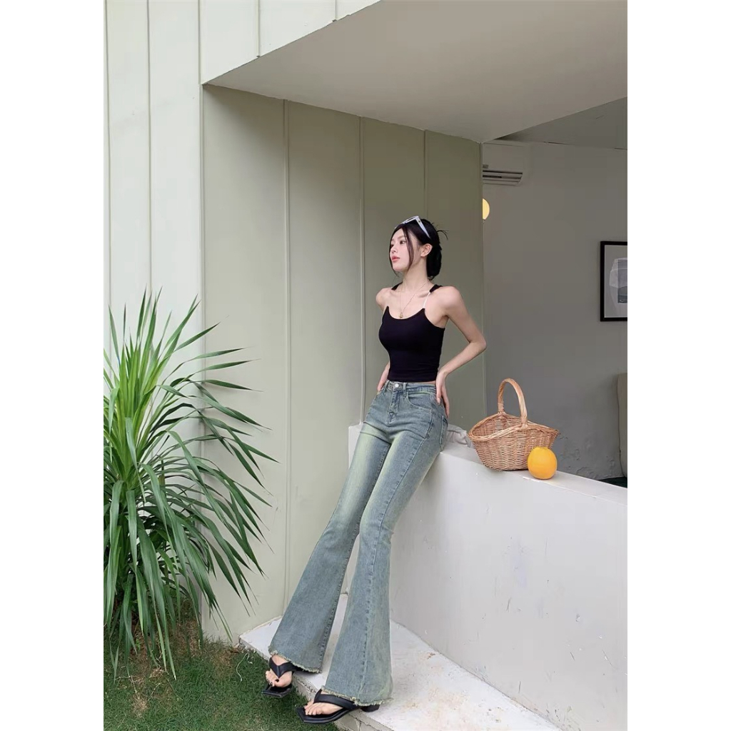 Quần ống loe lưng cao , Quần jeans bò màu xanh rêu gấu tua rua phong cách Cá Tính ND 18