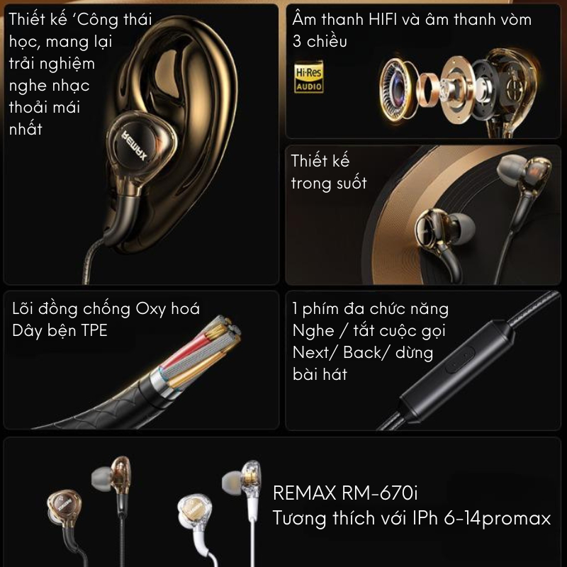 Tai nghe có dây REMAX RM-670 âm thanh HIFI chân dẹt dành cho IPh 7-14promax chống ồn, mic đàm thoại
