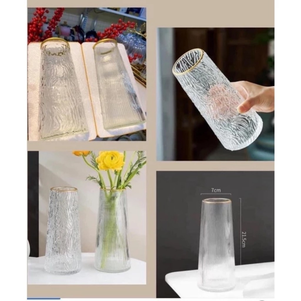 Lọ hoa thủy tinh decor, lọ hoa trắng cao viền vàng, dáng trụ vát cao 22cm, cắm hoa tươi, hoa khô, trang trí decor.