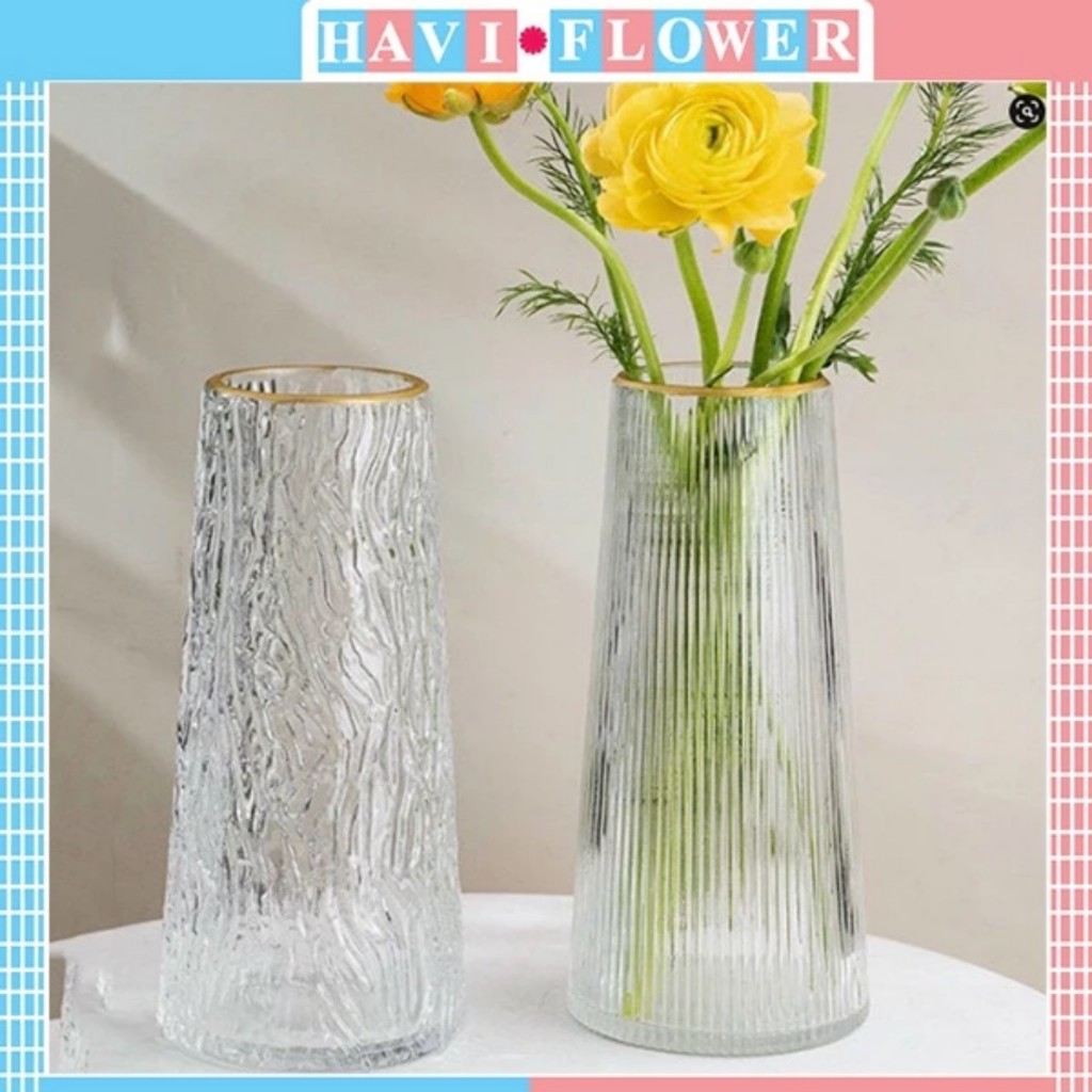 Lọ hoa thủy tinh decor, lọ hoa trắng cao viền vàng, dáng trụ vát cao 22cm, cắm hoa tươi, hoa khô, trang trí decor.