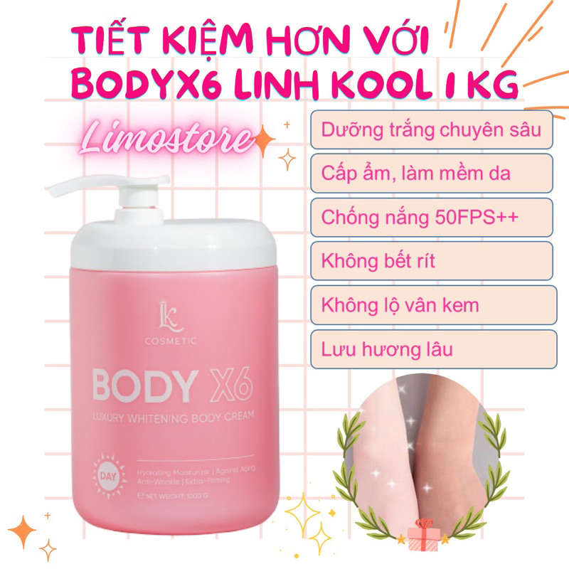   Siêu trắng  Kem body x6 linh kool dưỡng trắng chuyên sâu cấp ẩm mềm da không bết rít kháng nước,hương thơm dịu 1kg 