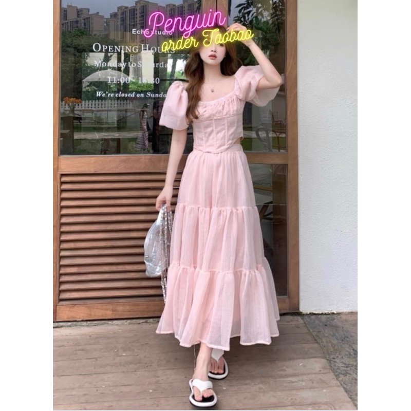 (Sẵn-kèm ảnh thật) S25 Set đồ nữ Taobao áo ngắn tay phồng + chân váy phồng xoè hai lớp phong cách Retro Vintage