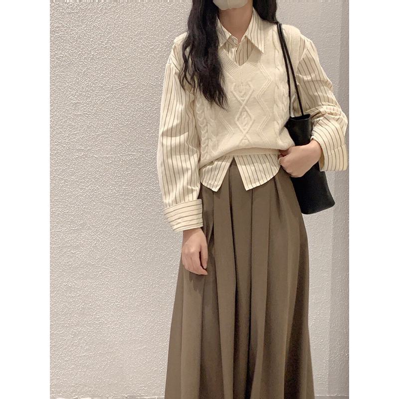 Set áo sơ mi + gile len phong cách retro vintage, sơ mi kẻ form basic