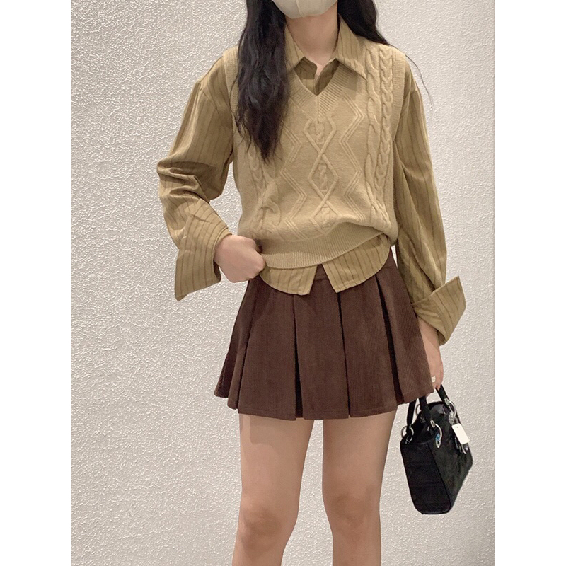 Set áo sơ mi + gile len phong cách retro vintage, sơ mi kẻ form basic