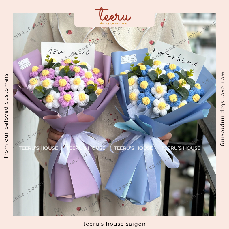 Hoa Len lưu ly, bó hoa len 5 CÁNH tặng tốt nghiệp, người yêu handmade  - Crochet Teeru's House