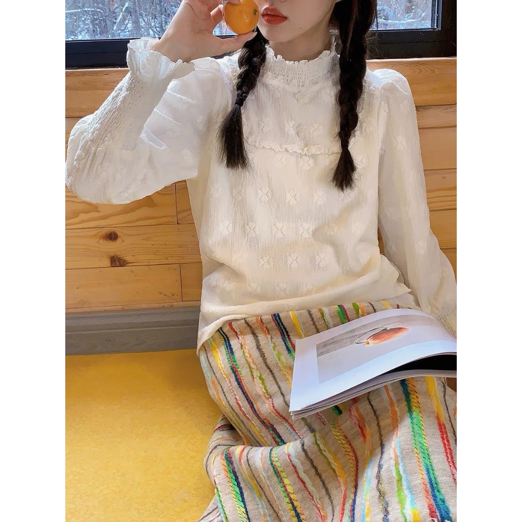 Áo len kiểu tay bồng chun thêu hoa cổ áo đính hoa nổi HÀNG SẴN