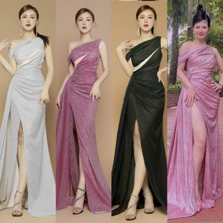 Đầm dạ hội kim tuyến lệch vai cao cấp