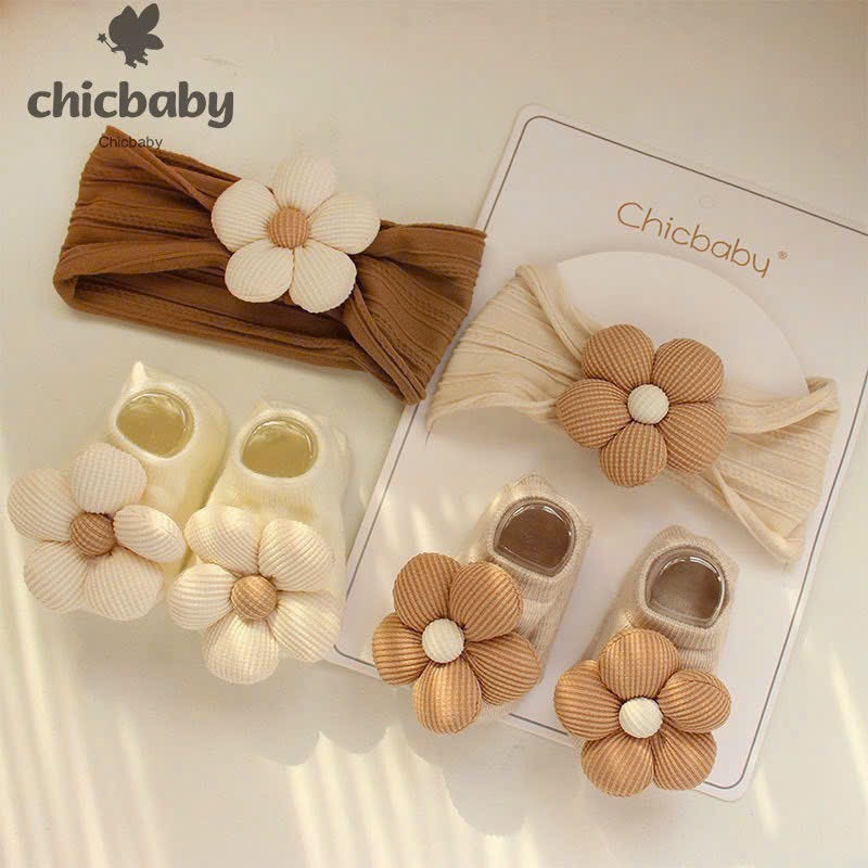 Set băng đô Turban đính hoa kèm tất chống trượt ChicBaby phong cách Hàn cho bé