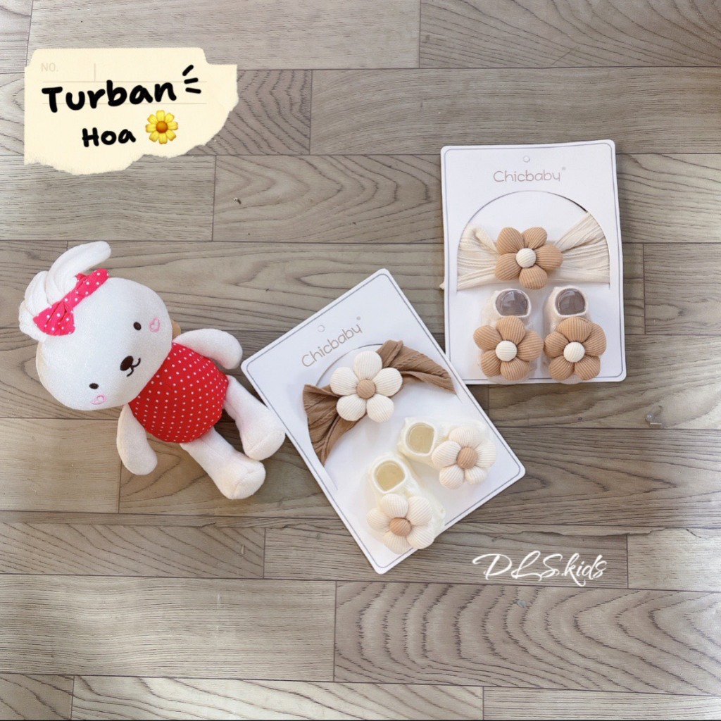 Set băng đô Turban đính hoa kèm tất chống trượt ChicBaby phong cách Hàn cho bé