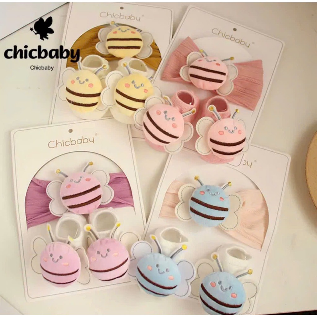 Set băng đô Turban kèm tất hình con ong dễ thương cho bé sơ sinh
