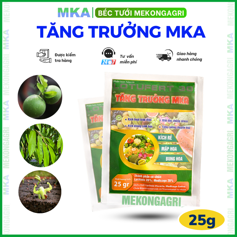 Tăng trưởng MKA gói 25gram phân bón phục hồi cây, dưỡng rễ, phát triển cơi, chống rụng trái