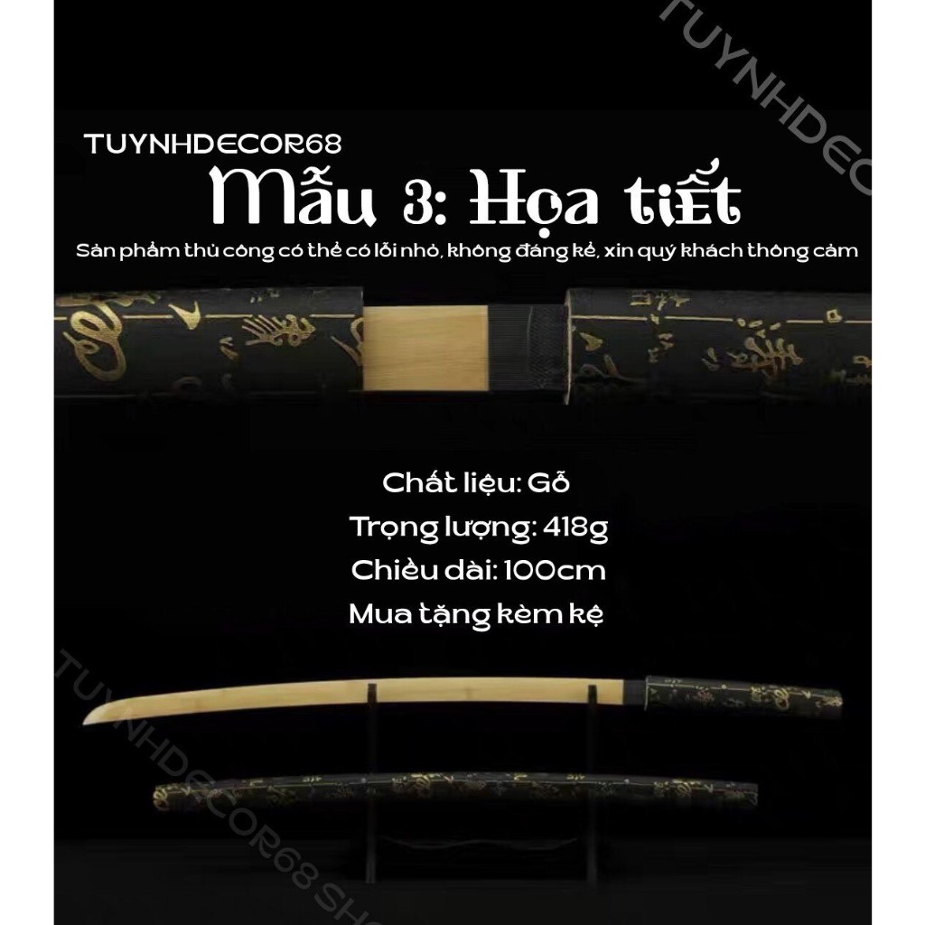 Kệ và Katana Nhật Gỗ, kiếm gỗ Họa tiết tập luyện và decor trang trí phòng dài 104cm (Không làm bằng kim loại)