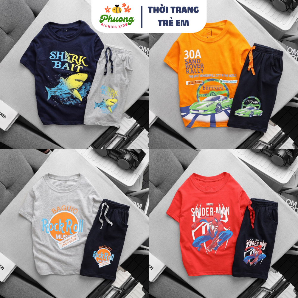 Set đồ bộ bé trai ngắn tay, chất vải cotton dày dặn thời trang thu đông, size đại 23-58kg | PHƯƠNG RICHIES KIDS