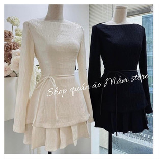Set áo kiểu dài tay + chân váy xếp ly buộc eo có 2 màu kem , đen
