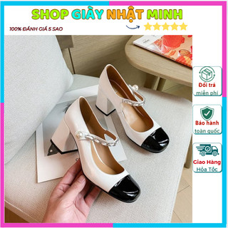 Giày cao gót nữ bít mũi gót vuông 7p quai ngang viền xích sang chảnh