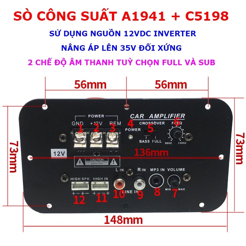 Bảng mạch khuếch đại công suất siêu trầm SUB và full sử dụng nguồn 12V công suất 500W