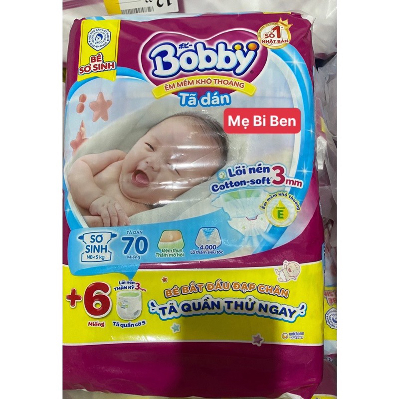 [TẶNG KÈM 4M QUẦN 1 BÊN] Tã Dán Bobby Sơ Sinh Bobby Size XS70 miếng - dành cho bé dưới 5kg mẫu mới - Chính Hãng