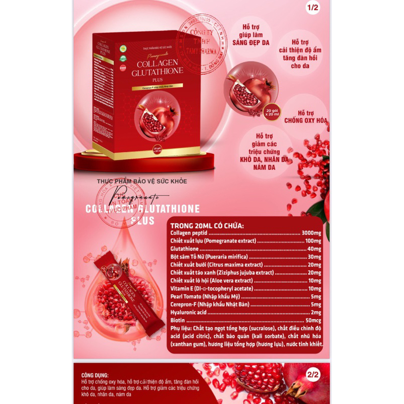 (hàng mới )COLLAGEN 3000 GLUTATHION PLUS LỰU ĐỎ 60000mg/20 gói