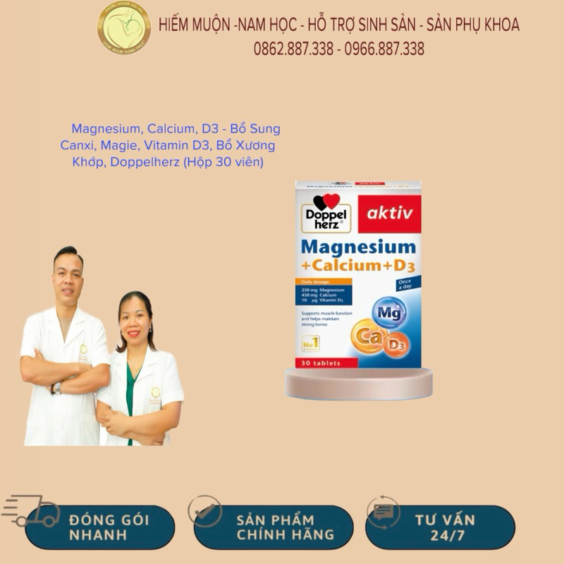 Magnesium, Calcium, D3 - Bổ Sung Canxi, Magie, Vitamin D3, Bổ Xương Khớp, Doppelherz (Hộp 30 viên)