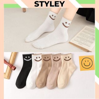 Tất nam nữ style hàn quốc in hình mặt cười cute dễ thương, Vớ nữ chất cotton kẻ sọc mềm mại thoáng mát Style P007