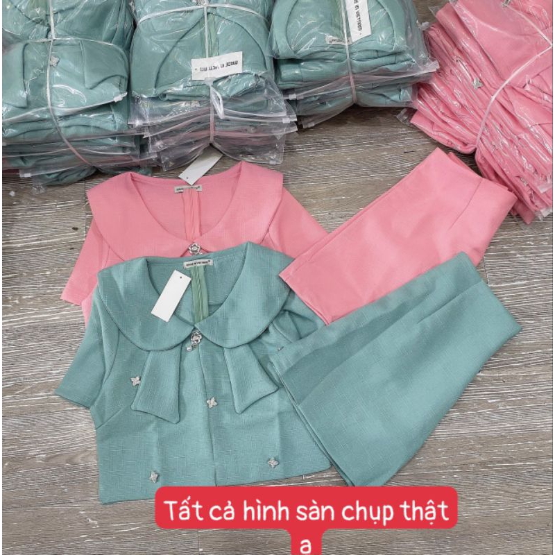 Sét Áo Kiểu Đính Đá Tiểu Thư + Chân Váy Có Lót quần .V090495