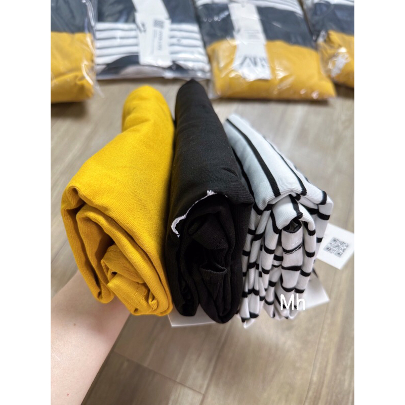 Maihuong⚡️TAG ZRF- SÉT 3 ÁO PULL CỘC TAY ĐEN KẺ VÀNG THÊU NGỰA CHO NỮ