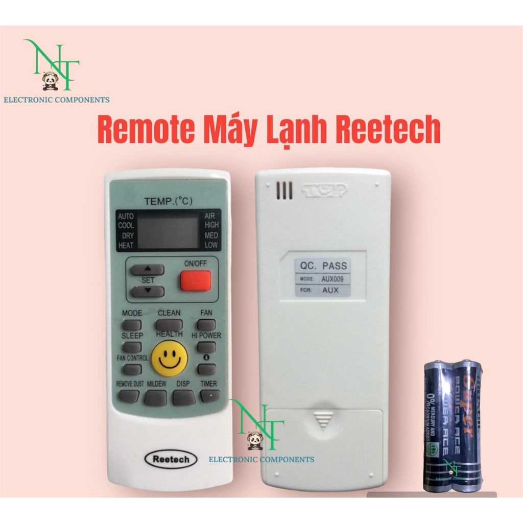 Remote điều khiển máy lạnh,điều hòa REETECH  YKR-H008. Đồ bấm REETECH mặt cười. Tặng PIN SD