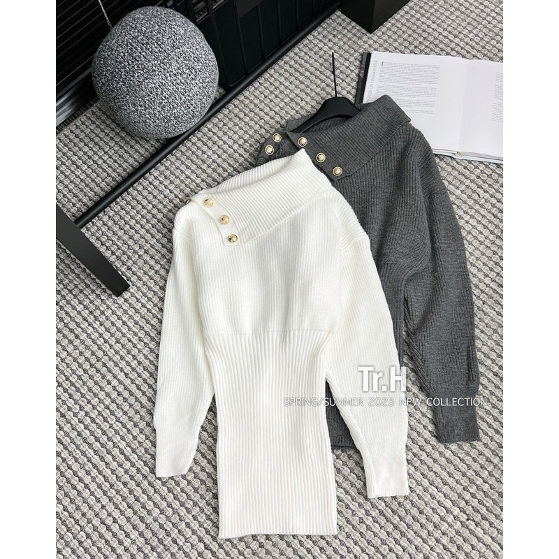 Áo váy len lệch tay vai bồng