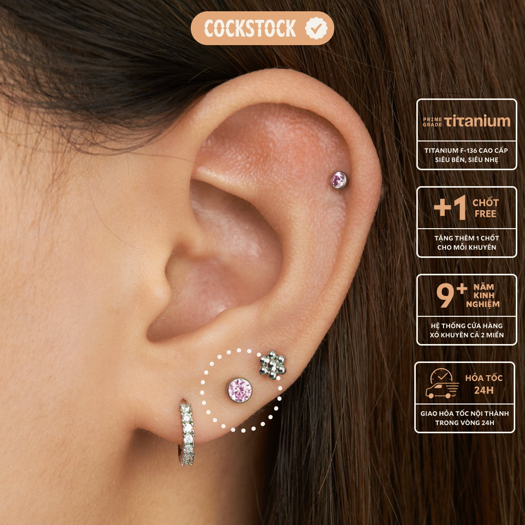 Khuyên tai THICK ROUND DIAMOND TITANIUM EARRING-4x8MM-Cockstock