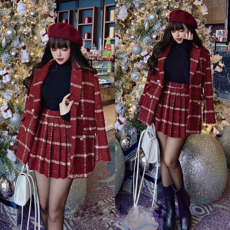 Sét dạ tweed sét dạ nữ sét dạ đỏ kẻ caro hàng loại 1 chất dày đẹp shop HK DESIGN