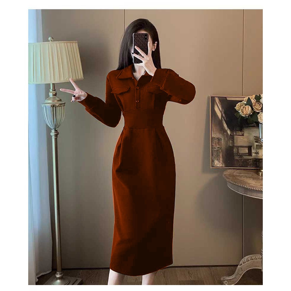 Váy thun polo dài tay thiết kế có túi hai bên sườn, đầm thun nữ dài tay cổ trụ , đầm thiết kế có cổ, váy thun dáng dài
