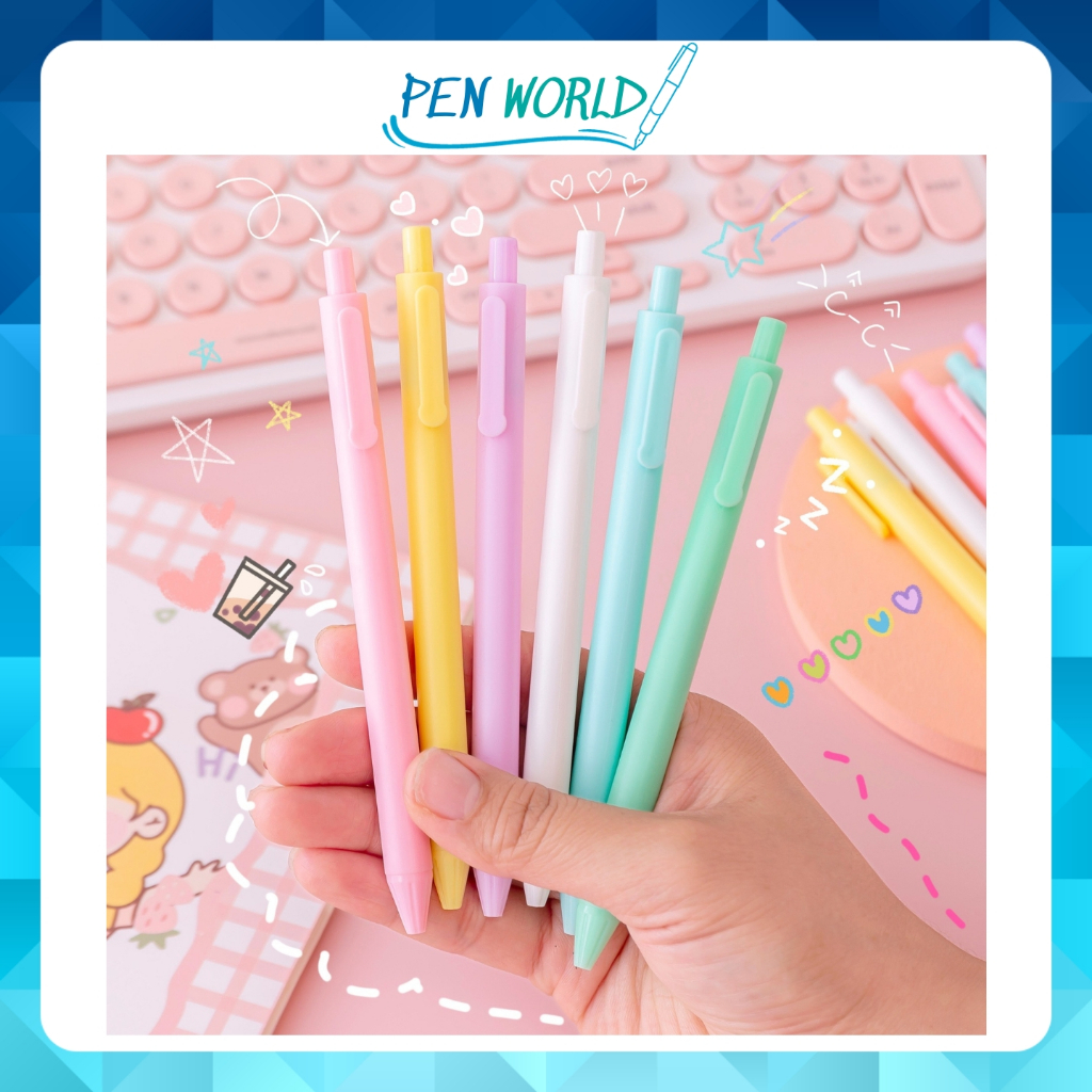 Bút bi bấm vỏ màu macaron tuỳ chọn dễ thương ngòi 0.5mm mực đen bút gel