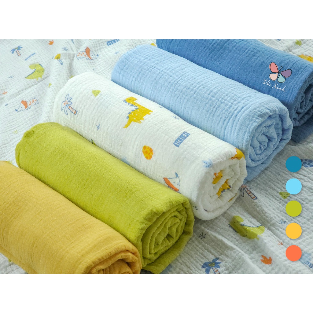 Vải Xô Muslin 2 lớp Siêu Mềm họa tiết Khủng Long may khăn Chăn cho bé